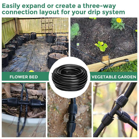 40 Ft Half Inch Drip Irrigation Tubing Main Line For Garden Systems displayed in garden with connectors and plants.