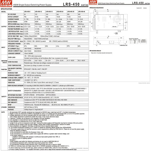 Built Different Ac Dc Power Supply 450 Watt 24 Volt 18.8 Amp Heavy Duty Industrial Driver specification sheet.