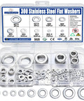 Flat washers set, 300pcs stainless steel, 304 SS, top view in a clear case; sizes M2–M12.