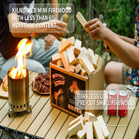 Mini Fire Wood Sticks With 12 Fire Starters Fast Easy Starts Kiln Dried Pine 3.5 Inch Length Waterproof Charcoal Starters Clean Burning Long Lasting Heat For Tabletop Fire Pit And Solo Stove Mesa 7.5 Lbs in use with tabletop fire pit and snacks