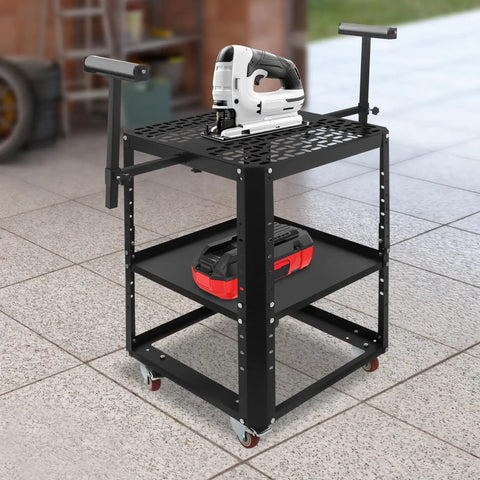 Built Tough Rolling Planer Stand With Height Adjustable Work Table And Double Storage Shelves Makes A Killer Woodworking Workstation with jigsaw.