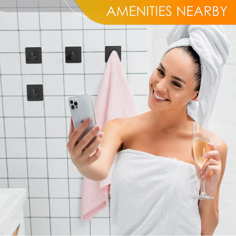 Bathroom with Matte Black Self Adhesive Towel Hooks, Heavy Duty SUS304 Stainless Steel Wall Mounted, towel hanging, woman smiling.