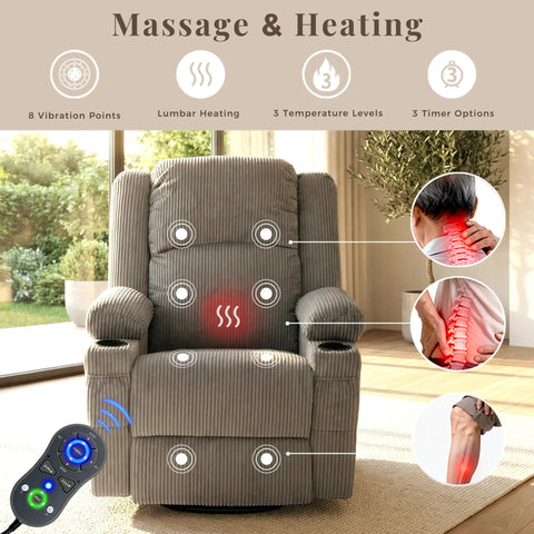 Ultimate 360 Degree Swivel Rocker Recliner With Heat And Massage showing massage points and remote control.