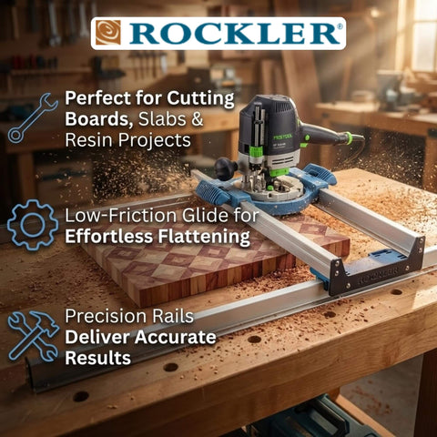 Board Slab Flattening Jig For Router Sled System Easy To Use Durable Tabletop Jig For Wooden Slabs End Grain Boards And Resin Projects Fits Most Woodworking Routers Perfect For Benchtop Setups No Fuss All Day Use in action on a workbench.