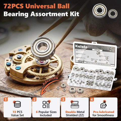 Deep Groove Ball Bearing Kit 72 Pieces In Six Sizes 693ZZ 623ZZ 624ZZ 685ZZ 687ZZ 627ZZ Ultra Value Set For RC Hobby Machining And DIY Projects Solid For Swap Outs And Quick Repairs, open plastic case