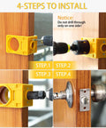 RKK yellow door lock installation kit with hole saw for deadbolt and knob, shown in a 4-step collage on a wooden door.