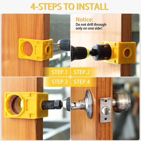 RKK yellow door lock installation kit with hole saw for deadbolt and knob, shown in a 4-step collage on a wooden door.