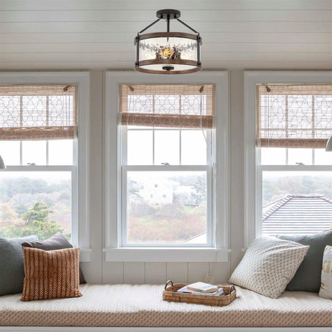 Rustic Farmhouse 14 Inch 3 Light Semi Flush Mount Ceiling Light With Crackle Glass Shade in cozy living space