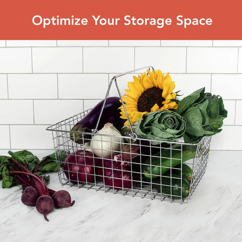 Large Metal Wire Storage Basket With Handle For Kitchen Pantry Closet Garage And Laundry Room with vegetables