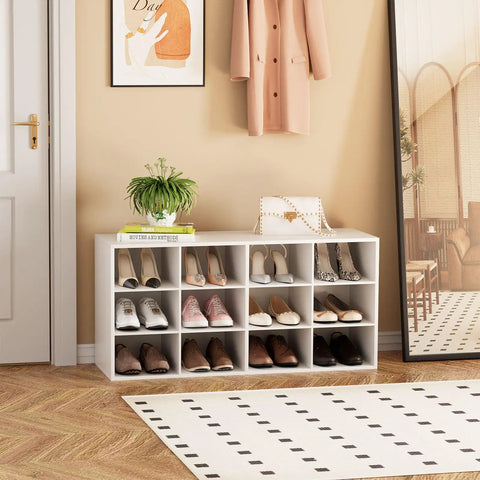 White 12 Cubby Shoe Storage Bench With 3 Tier Vertical Wood Shoe Rack Organizer For Entryway Hallway Closet And Garage
