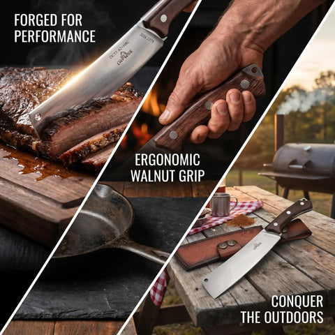 Beefy Dual Purpose Kitchen And Outdoor Cleaver For Bone Chopping And Bushcraft Wood Splitting Ultra Sharp 80 Degree Blade on table