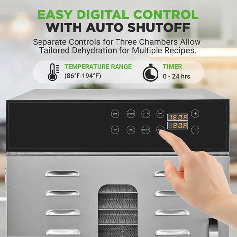 No Fuss 30 Tray Commercial Food Dehydrator Featuring Independent Airflow Zones And Seamless Touchscreen Controls for easy digital control.