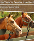 Two horses secured using Protective Horse Blocker Tie Kit, 4 Pcs Multi Purpose Horse Clip Set on a wooden fence.