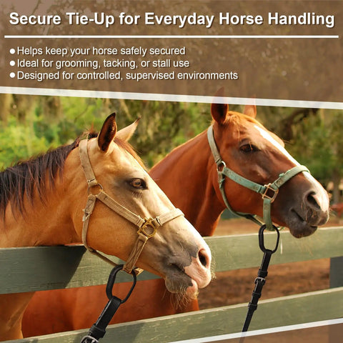 Two horses secured using Protective Horse Blocker Tie Kit, 4 Pcs Multi Purpose Horse Clip Set on a wooden fence.