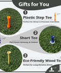 Three different types of golf tees on green turf, labeled as gifts, used with Premium Dual Turf Golf Mat 5x4ft Thick 1.57in.