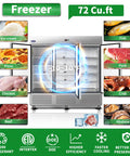 No Sweat Heavy Duty Commercial Reach In Upright Freezer 72 Cubic Feet stainless steel with shelves displaying various food items.