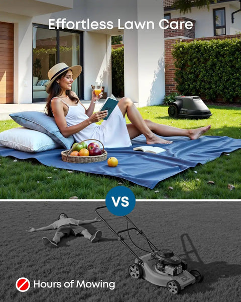 Woman relaxing on lawn while Robot Lawn Mower With Vision Navigation For 0.3 Acre Yards operates in background.