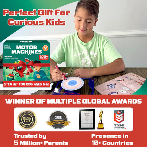 Child using 100 Plus STEM Projects Kit For Kids Ages 8 To 13 Hands On Robotics And Engineering Fun Toys Motor Machines