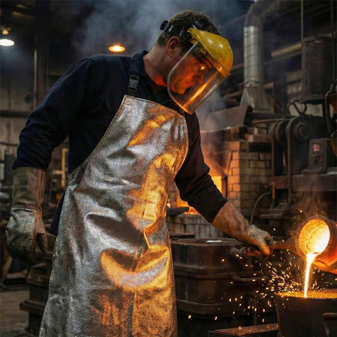 Badass Aluminized Heat Resistant Cover With Rock Solid Fireproof Safety Gear For Foundry Furnace Welding And Glass Blowing Hella Tough Heavy Duty Barbecue Bib shielding molten metal while pouring.