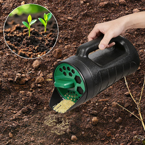 Three Opening Adjustable Handheld Seed Spreader with 90 Ounce Capacity dispersing seeds on soil, focus on precise application.