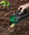 Adjustable Handheld Seed Shaker Spreader for Lawn Care with 90 Ounce Capacity Three Size Settings, dispensing seed on soil