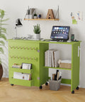 Slick Fold Up Sewing Table With Built In Charging Port And Smooth Rolling Lockable Wheels Nifty Storage Trays Pegs And Deep Bin in vibrant green color.