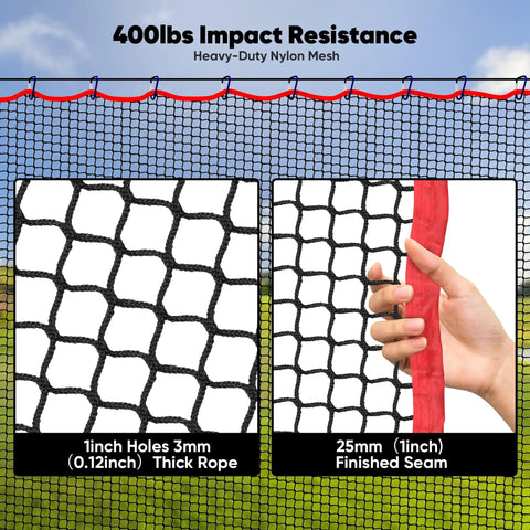 Close-up of heavy-duty nylon mesh showing 1-inch holes and finished seam, part of Backyard Golf Practice Net 10Ft 15Ft 20Ft With Multi Sport Netting For Baseball Soccer Lacrosse Hitting Swing Training And Ball Return Durable Outdoor Golf Net For Home Use.