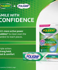 Box of Polident 3 Minute Cleanser and Poligrip Denture Adhesive showing strong hold, seal, and comfort features