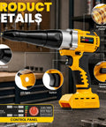 Heavy Duty 800W Brushless Rivet Gun With Killer 2000 Ft Lbs Torque And Three No BS Tool Free Noses for Demanding Job Site Work, showing control panel and features.