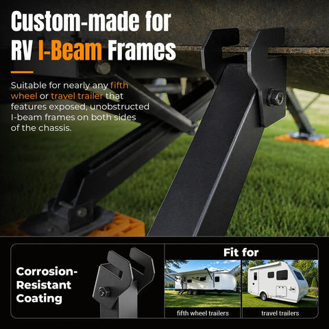 Custom-made RV I-Beam Frames stabilizer legs with corrosion-resistant coating for fifth wheel and travel trailers.