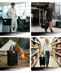 Amazon rolling duffle bag with wheels, black expandable 22-42L, shown in travel, gym, camping and shopping scenes.