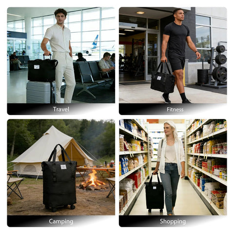 Amazon rolling duffle bag with wheels, black expandable 22-42L, shown in travel, gym, camping and shopping scenes.
