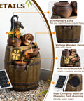 Solar Powered Rustic Barrel Water Fountain With LED Lights, 29 Inch Tall 4 Tier Cascading Outdoor Waterfall with solar panel