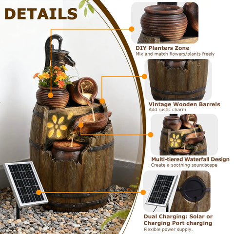 Solar Powered Rustic Barrel Water Fountain With LED Lights, 29 Inch Tall 4 Tier Cascading Outdoor Waterfall with solar panel