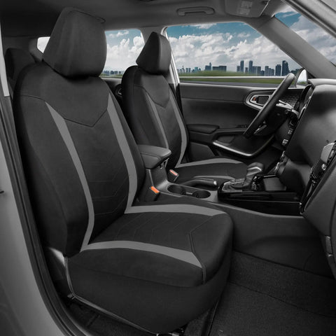 Car interior with Gray Waterproof Neoprene Front Seat Covers for Cars Trucks and SUVs, SpillGuard protects from spills and stains