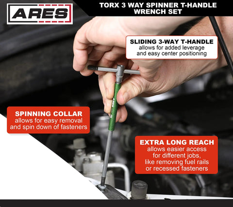 Hand using 9 Piece Torx T-Handle Spinner Wrench Set with Sliding Grip and Spinning Sleeve on fastener, showing friction-treated tips.