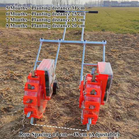Double Row Hand Push Garden Seeder With Roller And Fertilizer Applicator in field, dual wheels, adjustable row spacing visible