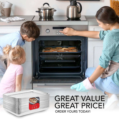 Family baking cookies using Aluminum Foil Trays 15 Pack Disposable Bakeware 16 Inch By 11 Inch Nonstick Reusable Cookie Sheets.
