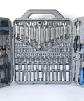 Shop Ready 163 Piece SAE And Metric Mechanic Tool Set with 72 tooth ratchets in grey vanadium steel case, open view