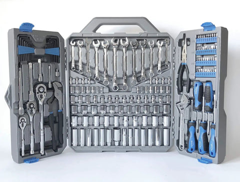 Shop Ready 163 Piece SAE And Metric Mechanic Tool Set with 72 tooth ratchets in grey vanadium steel case, open view
