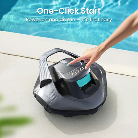 Seagull SE Cordless Robotic Pool Cleaner For Above Ground Pools With LED Indicator 100 Minute Runtime shown poolside