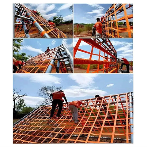 People climbing an outdoor obstacle course using a heavy-duty nylon net, unrelated to Rope Lifting Net For Cargo Hoisting Heavy Duty Nylon Sling Net With Tear Resistant Construction And Reinforced Stitching Durable Load Bearing Pallet Net For Construction Site Material Handling