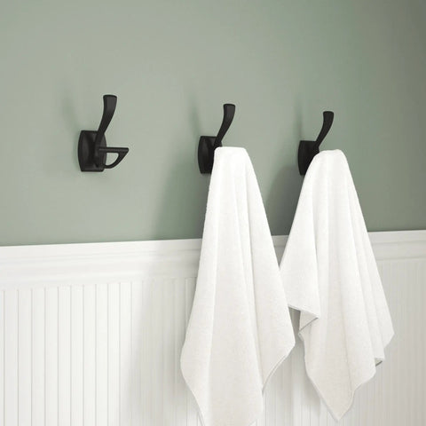 Matte Black Double J Towel Hook Wall Mounted For Robes And Towels, 2-Prong Holder, showcasing durability and easy install in bathroom.
