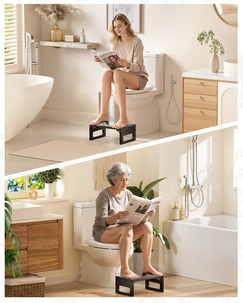 Women using 7 Inch Folding Toilet Stool For Adults Bamboo Rustic Brown Collapsible Poop Stool With Anti Slip Strip in bathroom