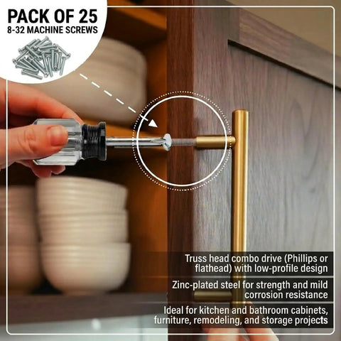 Top Shelf Cabinet Knob And Pull Machine Screws 25 Pack Featuring Tough 8-32 Thread And Easy 1-1/4 Inch Lengths For Zero Drama Kitchen And Bathroom Drawer Door Hardware Fixes That Truly Hit The Mark