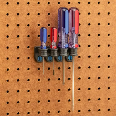 16 Piece Pliers And Drivers Pegboard Hook Set With Heavy Duty Hooks And Screwdriver Rings holding four screwdrivers on hardboard pegboard.
