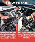 Instructions for applying White Lithium Grease All-Purpose Lubricant With Brush For Hinges, Bearings, Gears, Chains And Garage Doors