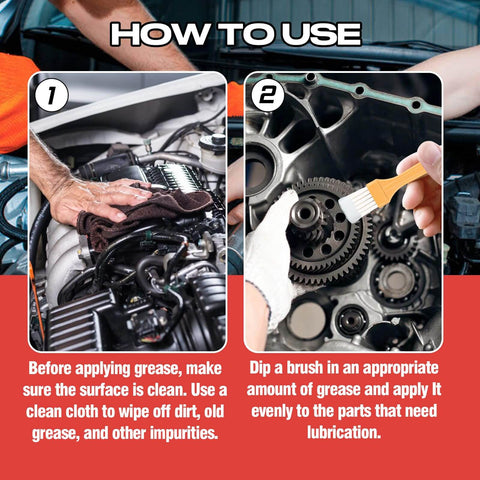 Instructions for applying White Lithium Grease All-Purpose Lubricant With Brush For Hinges, Bearings, Gears, Chains And Garage Doors
