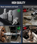 Heavy Duty Cr Mo Steel Screw Extractor Set Featuring Hex And Socket Adapters Tough 15 Piece Gear shown with rust-resistant and fractured screw examples.