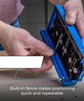 Pro Grade Shelf Hole Jig For Clean Wobble Free Shelves With Six Hardened Steel Drill Guides, Five Mm Hole Size, Increments Of One And A Quarter Inches, And A 32 Mm System, Durable Diy Woodworking Tool For Precise Shelving Installations being held by a person.